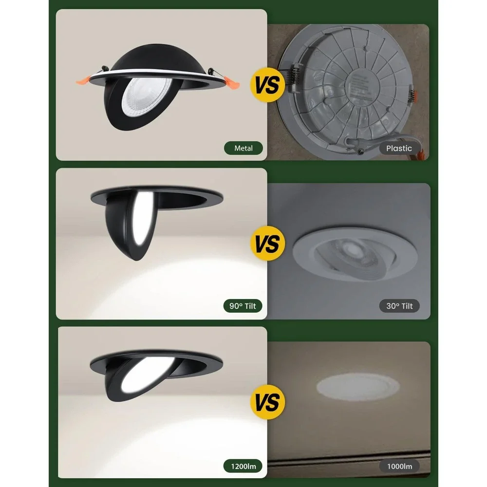 ZYC 6 Inch Gimbal LED Recessed Lighting 12W 5CCT Dimmable Black 6 Pack Canless